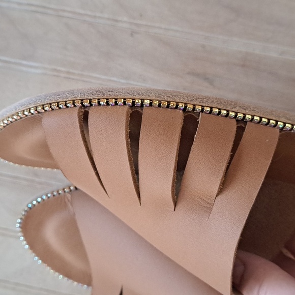 Antika Handmade Leather Cut Out Slide Rhinestone Trim Slip-On Flats Sandals - Picture 4 of 13